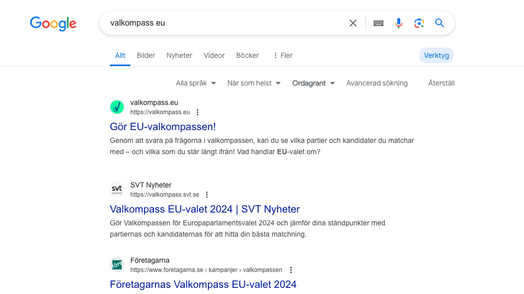 Googles träfflista på sökfrasen "valkompass eu".